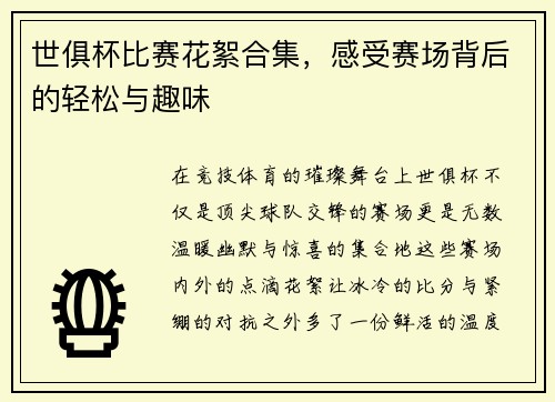世俱杯比赛花絮合集，感受赛场背后的轻松与趣味